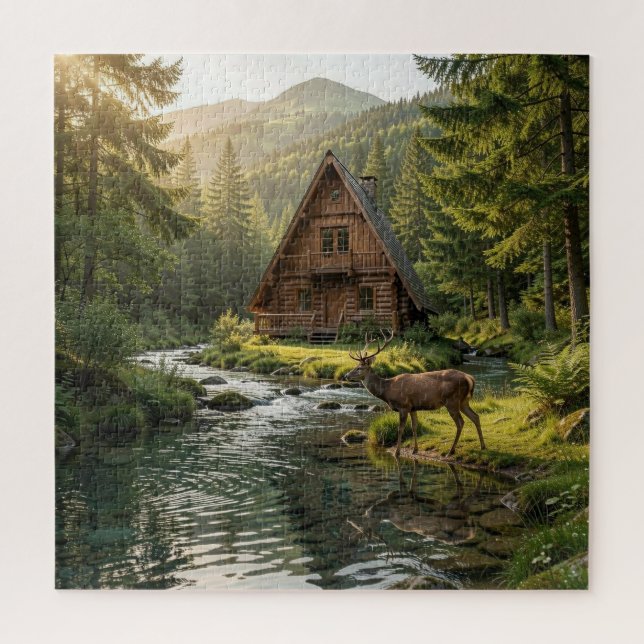 Log Cabin, Stream, Mountains and Deer Nature Art (Vertikal)
