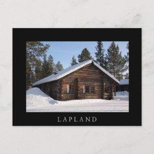 Log cabine dans la neige, Laponie noir texte carte