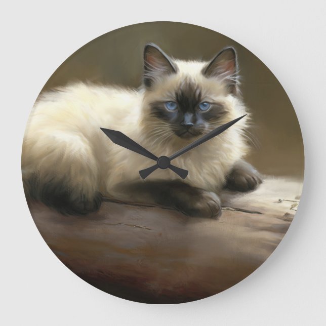 Log Lounger Siamese Kitten Große Wanduhr (Vorderseite)