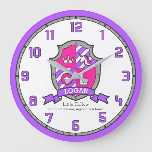 Logan-Buchstabenname bedeutet Unicorn-Wappen lila Große Wanduhr (Vorderseite)