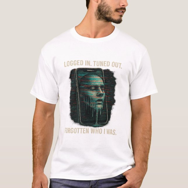 Logged In, Tuned Out – Glitched Identity Tech Art T-Shirt (Vorderseite)