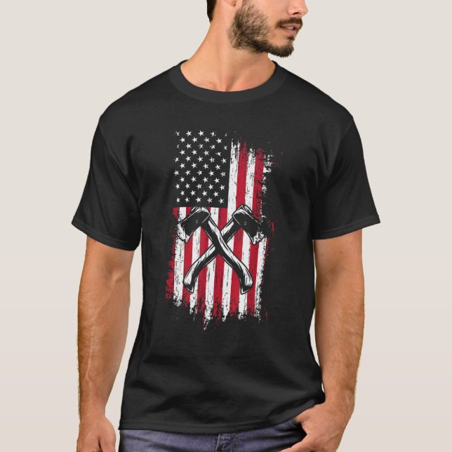 Logger Lumberjack American Flag Ax Throwing Hatch T-Shirt (Vorderseite)