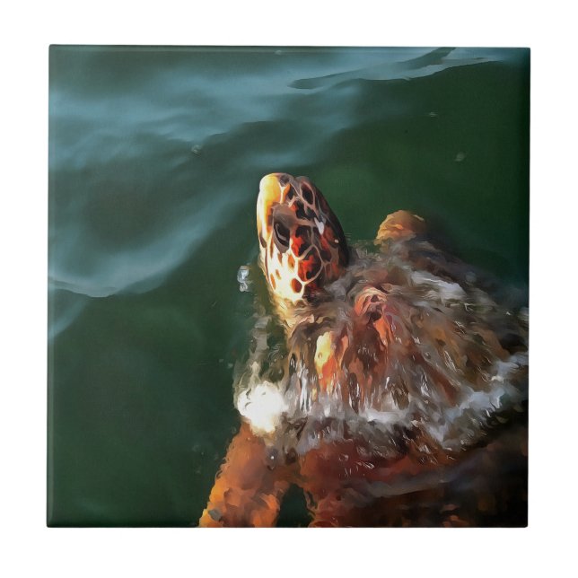 Loggerhead Sea Turtle Artistic Portrait Fliese (Vorderseite)