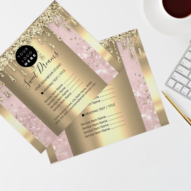 Logo Beauty Makeup Nails Price List Gold Pink Flyer (Von Creator hochgeladen)