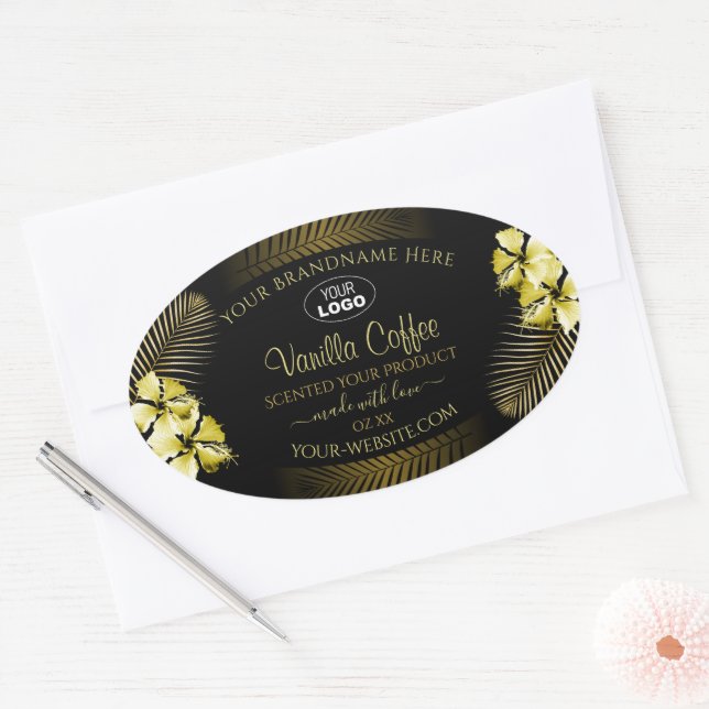 Logo Black Brown Étiquette Gold Hawaii Flowers (Enveloppe)