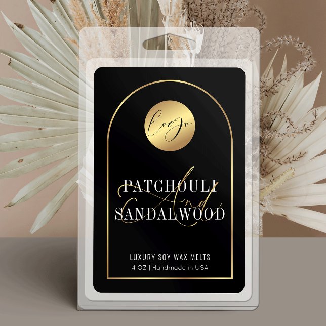 Logo Black & Gold moderne étanche Étiquette produi (Black and gold rectangle product labels with space for your logo and custom scent name)
