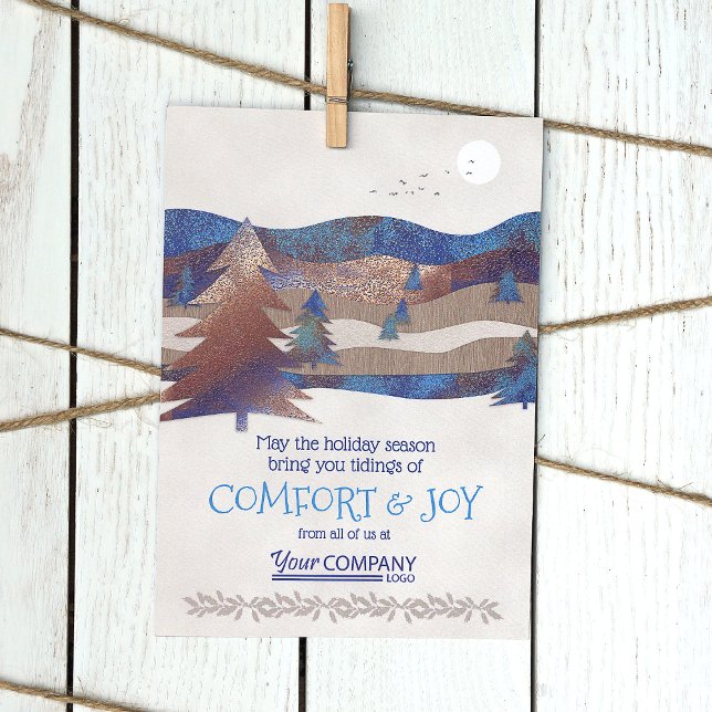 Logo Bleu, Brown, Aqua Rustic Carte de fin de anné (Rustic Brown Blue Forest Pine Trees Company Business Logo Holiday Christmas Cards Bulk Order Budget)