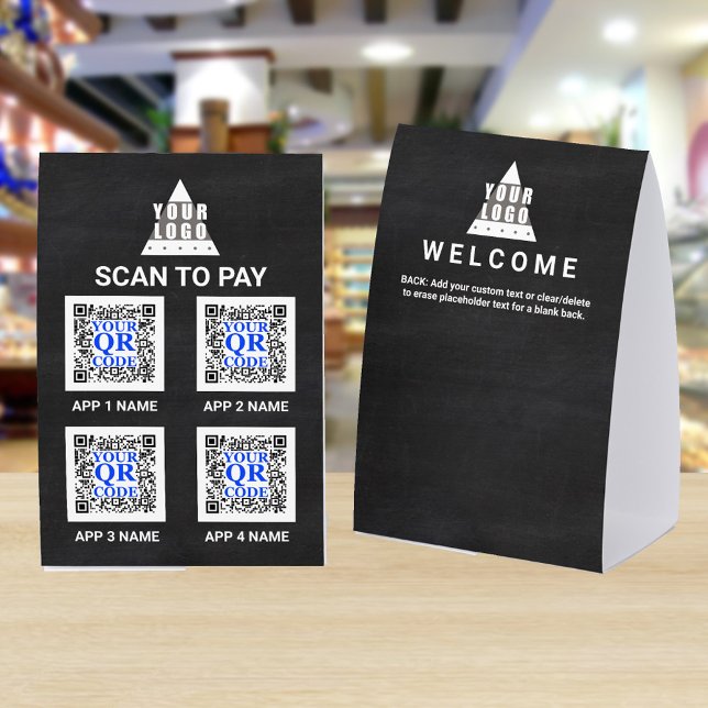 Logo Chalkboard 4x6 QR Code 4 Apps Scan To Pay Tischaufsteller (Add up to 4 QR code images for your custom scan to pay table top signs)