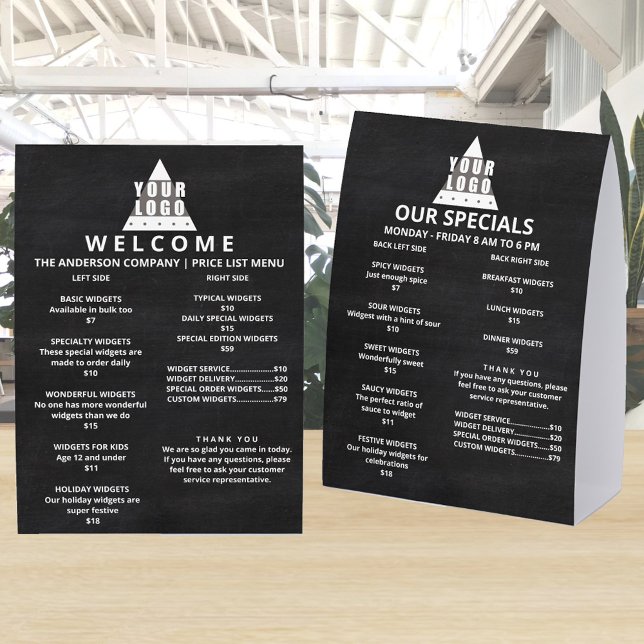 Logo Chalkboard 5x7 Promotion Double Column List Tischaufsteller (Double column 5 x 7 custom paper table tents featuring your corporate logo)