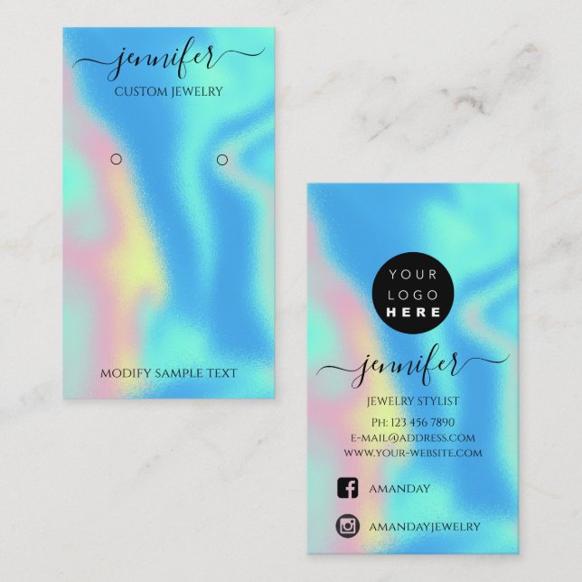 Logo Custom Juwelier Card Social Holograph Blue Visitenkarte (Vorne/Hinten)