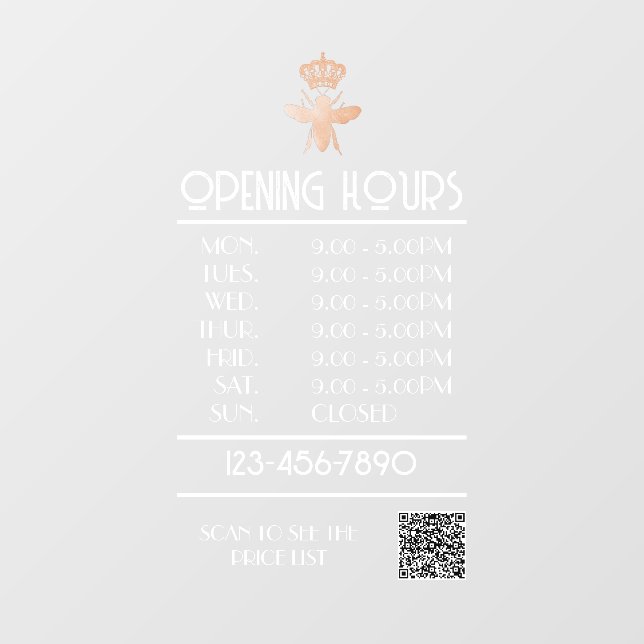 Logo "Custom QUEEN BEE White Business Open Hours" Fensteraufkleber (Blatt)