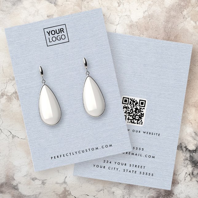 Logo d'apparence de lin bleu poussiéreux QR carte  (Dusty blue linen look logo QR earring display card)