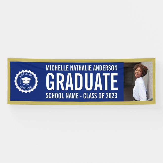 Logo de l'école Graduation Photo Bleu or Bannière (Horizontal)
