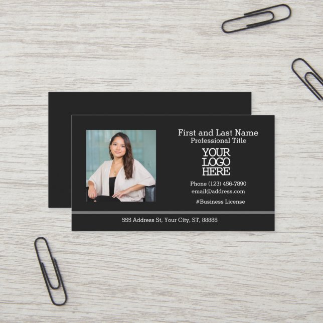 Logo de l'entreprise | Carte de visite noir photo  (Devant/Arrière en situation)