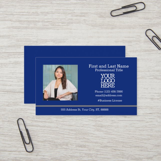 Logo de l'entreprise | Carte de visite photo bleu  (Devant/Arrière en situation)