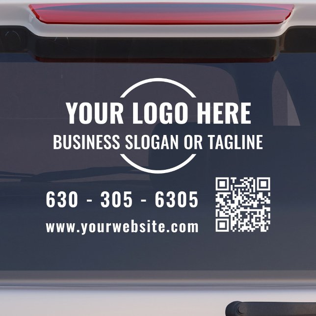 Logo de société moderne Code QR Autocollant de voi (Modern, professional business car window decal with your logo, QR code and contact details in white.)