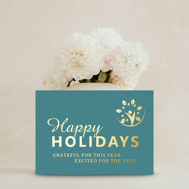 Logo de vacances joyeuses entreprise turquoise feu (Happy holidays logo business turquoise gold foil foil holiday card)
