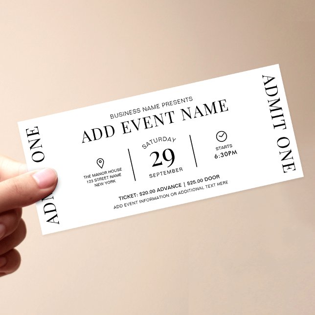 Logo der Event-Ticket-Gesellschaft Eintritt Einladung (Minimalist business or private event tickets with fully editable text, colors and layout)
