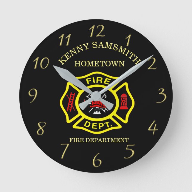 Logo der Feuerwehr Schwarz-Gelb-Abzeichen Runde Wanduhr (Vorderseite)