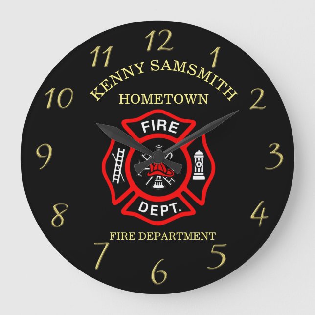 Logo der Feuerwehr Schwarzes und Rotes Abzeichen Große Wanduhr (Vorderseite)