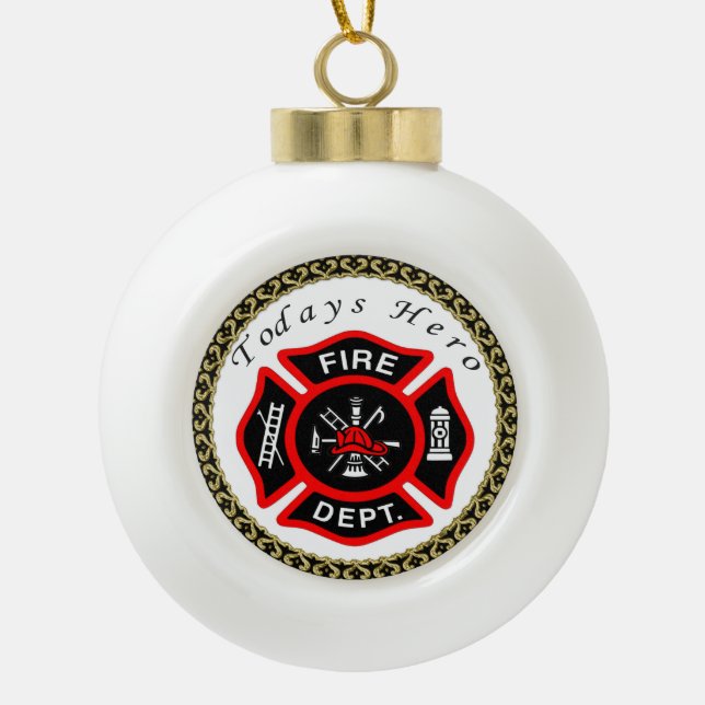 Logo der Feuerwehr Schwarzes und Rotes Abzeichen Keramik Kugel-Ornament (Vorderseite)