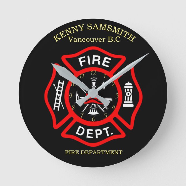 Logo der Feuerwehr Schwarzes und Rotes Abzeichen Runde Wanduhr (Vorderseite)