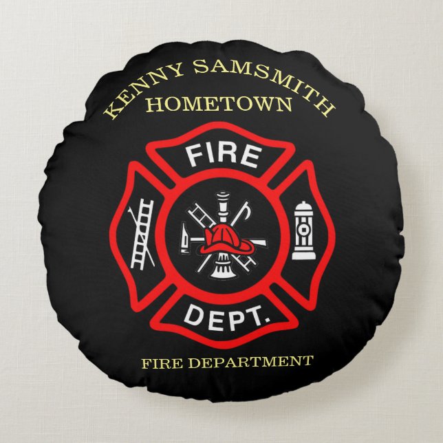 Logo der Feuerwehr Schwarzes und Rotes Abzeichen Rundes Kissen (Vorderseite)