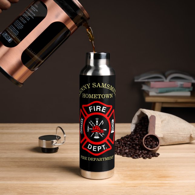 Logo der Feuerwehr Schwarzes und Rotes Abzeichen Trinkflasche (Kaffee (gedreht))