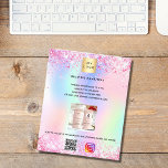 Logo der Konditorei-Bäckerei holografischer qr-Cod Flyer<br><div class="desc">Personalize and add your business logo,  name,  address,  your text,  your own QR code to your instagram account Blush pink,  purple,  rose gold,  mint green,  holografisch bacground decorated with falsch glitter dust and cupcakes. Back: add your text,  Foto,  qr code to your instagram account.</div>