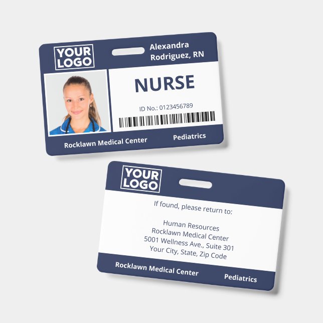 Logo des Mitarbeiter-Fotos Barcode Navy Blue Hospi Ausweis (Vorder- & Rückseite)