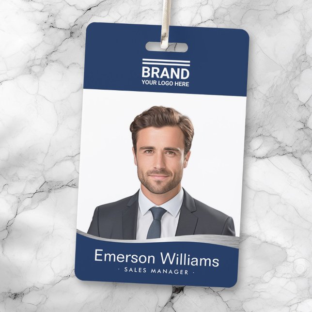 Logo dunkelblau Imitat Silber-Welle Mitarbeiternam Ausweis (Logo dark blue faux silver wave employee name id badge)
