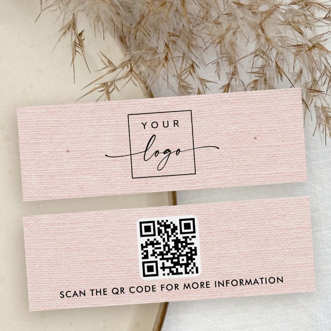 Logo en lin rose vierge QR carte d'affichage d'ore (Blush pink linen logo QR stud earring display card)