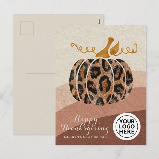 Logo-Erntedank Boho Leopard Pumpkin Feiertagspostkarte (Vorne/Hinten)
