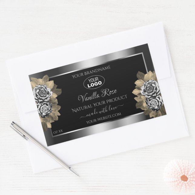 Logo Floral Noir Argent Étiquette Rose feuille (Enveloppe)