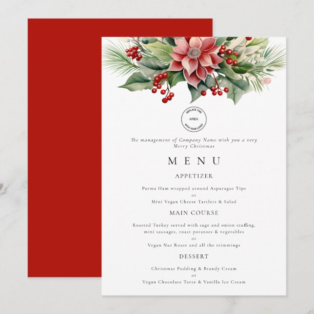 Logo Florals Business Christmas Party Menu Card Einladung (Vorne/Hinten)