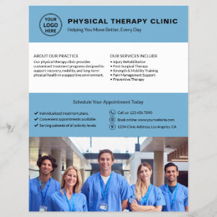 Logo-Foto-QR-Code der Physiotherapieklinik in Blau Flyer