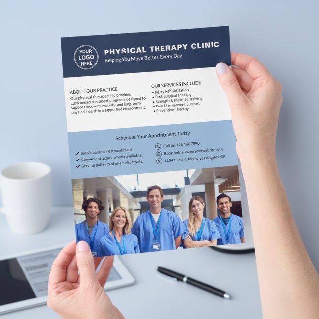 Logo-Foto-QR-Code für Physiotherapie-Klinik Flyer (Physical Therapy Clinic Custom Logo Photo QR Flyer)