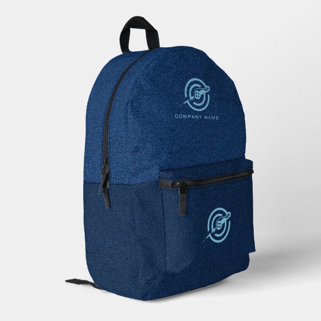 Logo für Blauer Denim-Stoff-Textur Bedruckter Rucksack (Rückseitige Ecke links)