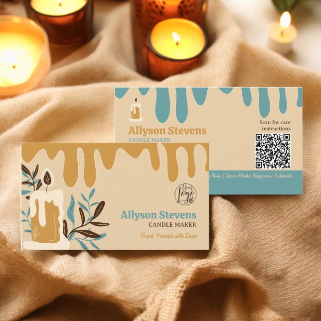Logo für Boho Retro-handwerkliche Kerzenmacher Visitenkarte (Boho retro artisanal candle maker logo qr code business card)