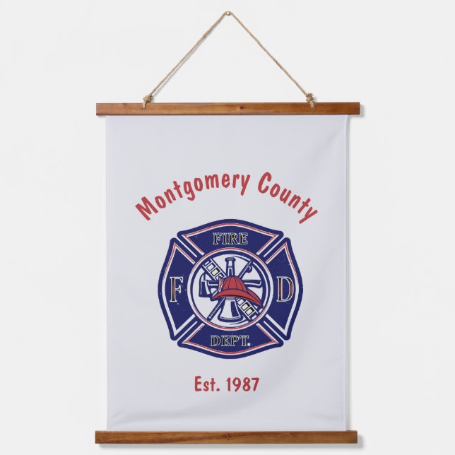 Logo für das Blue Firefighter-Abzeichen Wandteppich Mit Holzrahmen (Vorderseite)