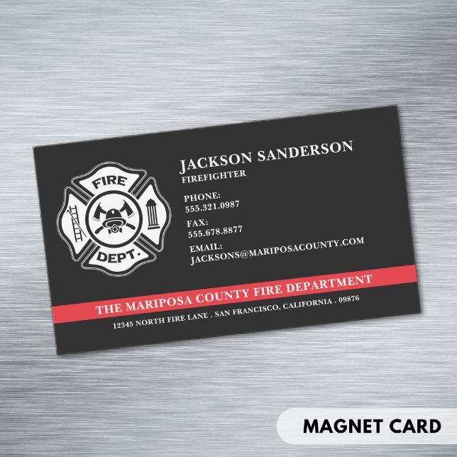Logo für das Feuerwehrteam der Custom Fire Departm Magnetische Visitenkarte (Custom Fire Department Firefighter Red Line Logo Business Card Magnet)