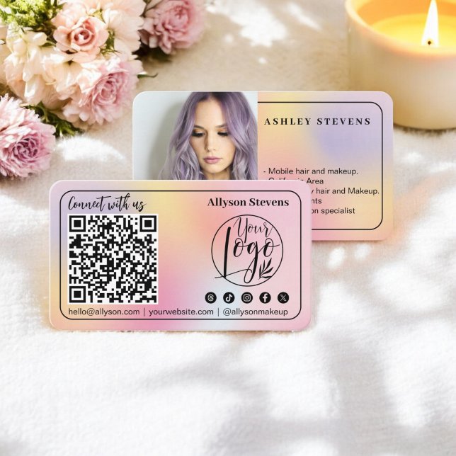 Logo für das Foto "Holographic pastel Social Media Visitenkarte (Holographic pastel Social Media QR Code Photo Logo Business Card)