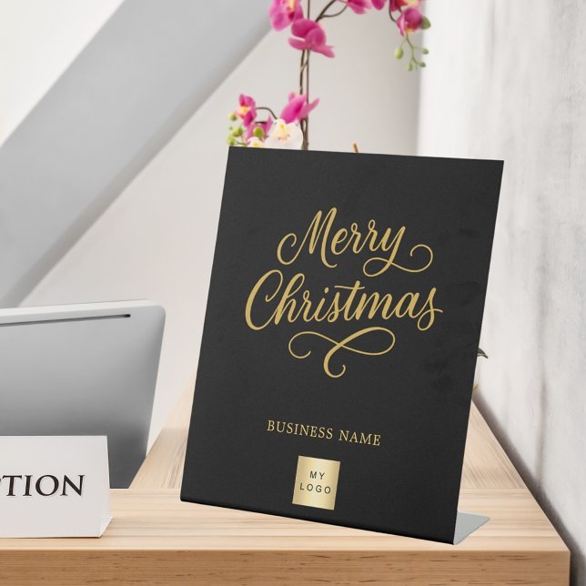 Logo für das Geschäft mit schwarzem Weihnachtsgold Sockelschild (Von Creator hochgeladen)