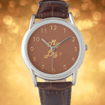 Logo für das Geschäft mit Terracotta-Bronze-Orange Armbanduhr<br><div class="desc">Fügen Sie dieser Uhr Ihr eigenes Firmenlogo hinzu. Orangefarbener Terrakotta-Hintergrund. Ideal für die Werbung Ihres Unternehmens und Ihrer Marke. Imitate Golduhr steht vor Zahlen.</div>