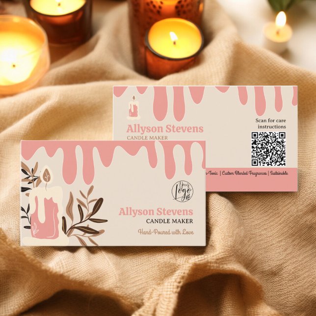 Logo für die handwerkliche Kerzenmacherfirma "Rosa Visitenkarte (Pink retro artisanal candle maker logo qr code business card)