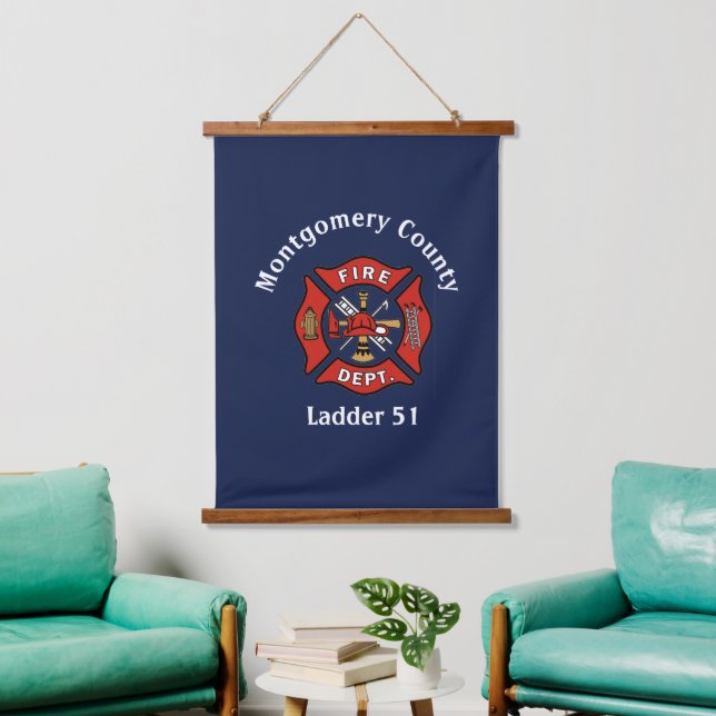 Logo für die Rote Feuerwehr Wandteppich Mit Holzrahmen (Wohnzimmer)