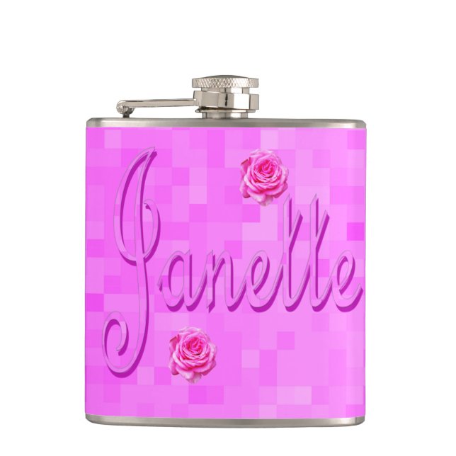 Logo für Janette auf Rosa, Flachmann (Vorderseite)