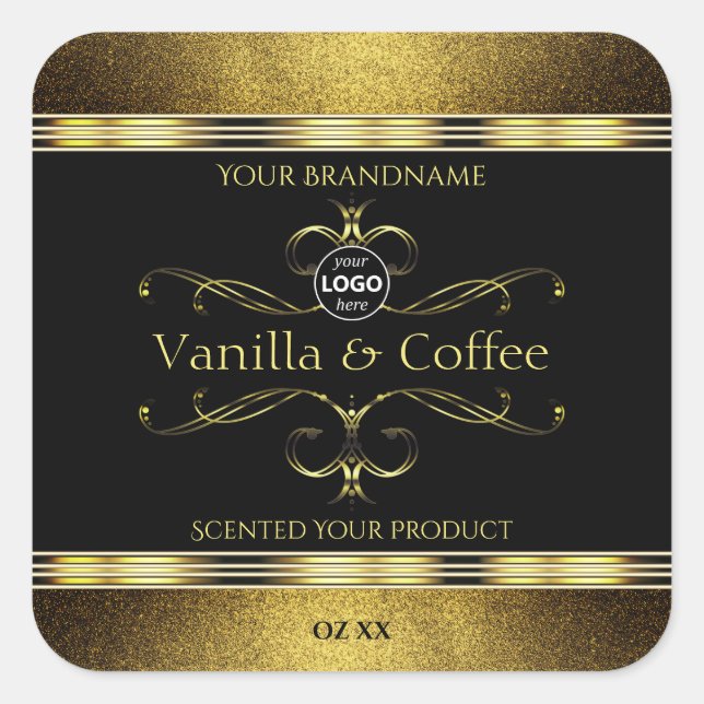 Logo für luxuriöse Black Gold Borders Quadratischer Aufkleber (Vorderseite)