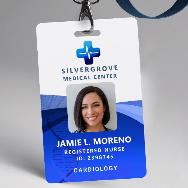 Logo für medizinische Gesundheitsversorgung Blue F Ausweis (nurse id badge custom hospital clinic medical center office clinic cross blue logo dna photo qr code)