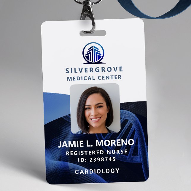Logo für medizinische Versorgung Blue DNA Foto Nur Ausweis (nurse id badge custom hospital clinic medical center office clinic blue logo dna photo qr code)